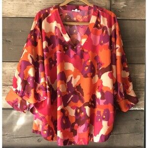 JODIFL Women’s Purple/Pink Print V Neck Dolman Sleeve W/Cuff Relaxed  Blouse L